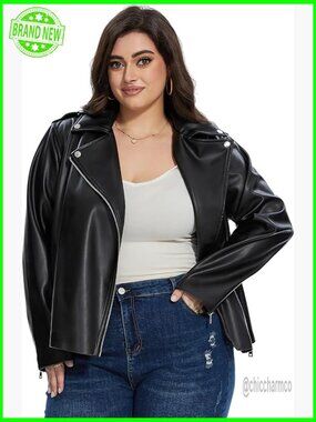 Faux Leather Motorcycle Jacket Fitted Plus Size Zip Up Moto Biker Coat